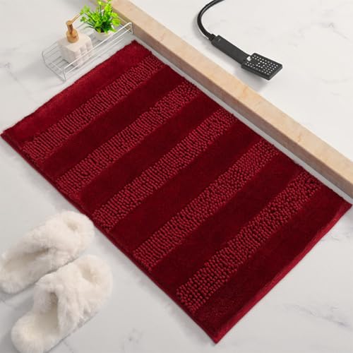 Chenille Badematte rutschfest Badezimmerteppich Weich Badteppich Saugfähige Badvorleger Waschbar Duschvorleger für Badezimmer Dusche und Badewanne (Wine Red, 40×60cm) von DUEYUN