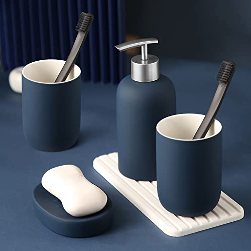 DUFU Blaues Badezimmer-Zubehör-Set, 4-teilig, Keramik-Badezimmer-Set für Badezimmer-Dekor, Accesorios para Baños, blaues Badezimmerzubehör mit Seifenspender, Seifenschale und 2 Bechern von DUFU