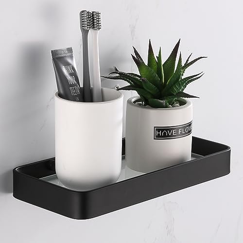 DUFU Duschkorb ohne Bohren Duschregal Selbstklebend Duschwanne mit rostfreiem Organizer Aufbewahrung Kein Schaden Gehärtetes Glas Raum Aluminium Badezimmerzubehör 25cm Schwarz von DUFU