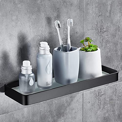 DUFU Selbstklebendes Duschregal Ohne Bohren - Raumfahrt-Aluminium-Korb mit Gehärtetem Glas | 30cm Schwarz | Badezimmer-Organizer von DUFU