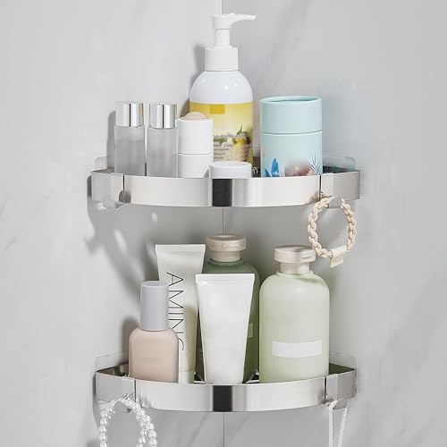 DUFU Duschregal Eckregal, Duschablage Ohne Bohren Badregal Edelstahl Duschkorb Selbstklebend, Ecke Badezimmer Organizer Shampoo Halterung mit 4 Haken für Dusche, 2 Stück Schwarz (Gezogenes Silber) von DUFU