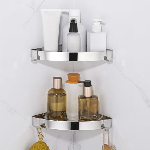 DUFU Duschregal Eckregal, Duschablage Ohne Bohren Badregal Edelstahl Duschkorb Selbstklebend, Ecke Badezimmer Organizer Shampoo Halterung mit 4 Haken für Dusche, 2 Stück Schwarz (Spiegelsilber) von DUFU