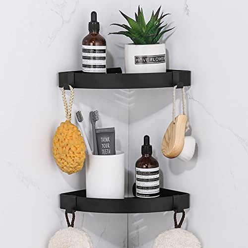 DUFU Duschregal Eckregal, Duschablage Ohne Bohren Badregal Edelstahl Duschkorb Selbstklebend, Ecke Badezimmer Organizer Shampoo Halterung mit 4 Haken für Dusche, 2 Stück Schwarz von DUFU