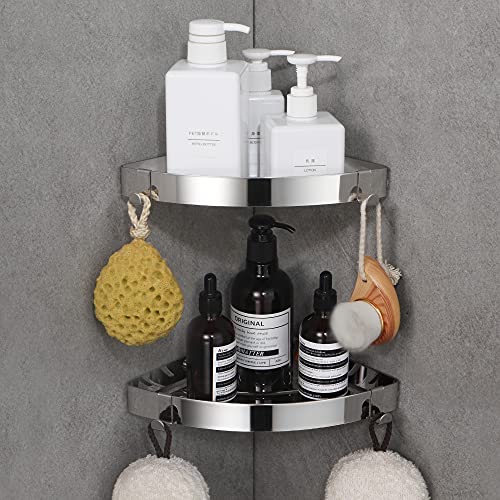 DUFU Duschregal Eckregal, Duschablage Ohne Bohren Badregal Edelstahl SUS304 Duschkorb Selbstklebend, Ecke Badezimmer Organizer Shampoo Halterung mit 4 Haken für Dusche (Silver-2 Stück) von DUFU