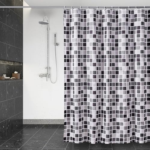 DUFU Wasserdichter Duschvorhang Anti-Schimmel 180 x 200cm Waschbar Schnelltrocknend Textil Stoff Polyester Badewanne für Vorhang Mosaik Halbtransparent Duschvorhang mit 12 Duschvorhängeringen von DUFU