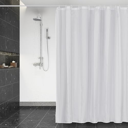 DUFU Wasserdichter Duschvorhang Anti-Schimmel 180 x 200cm Waschbar Schnelltrocknend Textil Stoff Polyester Badewanne für Vorhang Reinweiß Halbtransparent Duschvorhang mit 12 Duschvorhängeringen von DUFU