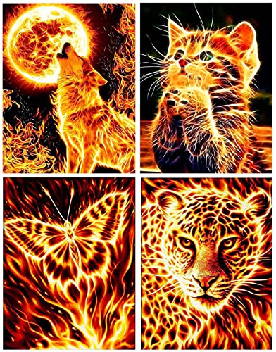 DUGEHO 4P 5D Diamond Painting Full Set,5D Diamant Painting Bilder mit Diamond Painting Zubehör Katze Tiger Schmetterling Wolf DIY Diamant Malerei für Home Wall Wand und Eingang Dekorationen(30×40cm) von DUGEHO