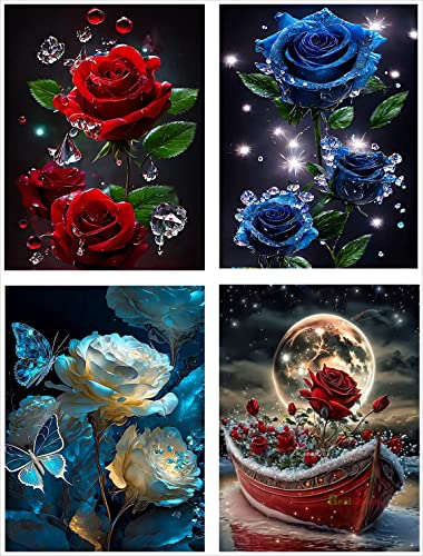 DUGEHO 4P 5D Diamond Painting Full Set,5D Diamant Painting Bilder mit Diamond Painting Zubehör Rosenblüte DIY Diamant Malerei für Home Wall Wand und Eingang Dekorationen(30×40cm) von DUGEHO