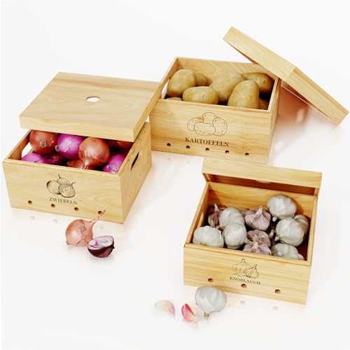 DUHARS Kartoffel Aufbewahrungsbox Holz mit Deckel(3er Set), Knoblauch Zwiebel Aufbewahrung Küche, Stapelbare Aufbewahrungsboxen Küche für Kartoffeln Zwiebeln, Obst und Gemüse von DUHARS