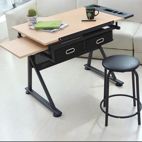DUIRHNFV Einstellbare Entwurfstisch und Stuhlset mit Stuhl und 2 Lagerschubladen, 80 ° Tiltable Tabletop MDF -vielseitiger Kunstschreibtisch für Heimbüro, Kunststudio oder Bastelraum von DUIRHNFV