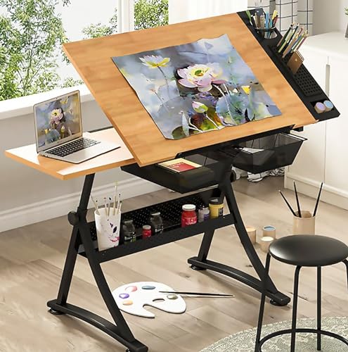 DUIRHNFV Hölzerner Zeichnungsschreibtisch mit Stuhlkunsthandwerkstisch, einstellbare Höhe (26,8 "-35,8"), 80 ° Neigungsable, Entwurfsworkstation für Kunstwerke, Grafikdesign, Schreiben (MDF) von DUIRHNFV