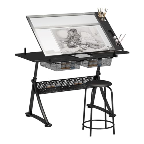 DUIRHNFV Zeichentisch mit Stuhlkunsthandwerkstisch, einstellbare Höhe (30,7 "-36,6") & Winkel (0 ° -50 °) Hobby-Workstation für Büro, Lesen, Schreiben, Handwerk, Malkunst (Farbe: Schwarz: von DUIRHNFV