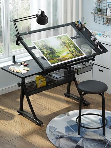 DUIRHNFV Zeichnungstischschreibtisch Künstler Schreibtisch, 0 ° -50 ° Kippen des Acryl-Tops, (25,6 "-35,4") Höhenverstellbarer All-in-One-Kunstdesktor zum Lesen, Schreiben, Handwerk, Gemäldekunst von DUIRHNFV