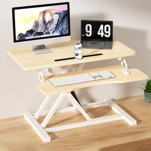 Höhenverstellbarer Standschkterwandler mit breitem Tastaturfach und Höhenanpassungstaste, Computermonitoren/Laptop -Schreibtisch Workstation für Home Office (Farbe: Holzfarbe, Größe: 80*40 cm) von DUIRHNFV