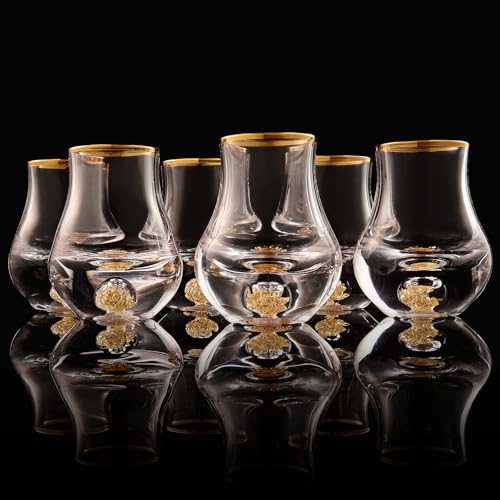 DUJUST 【2025 Neues Design】 Elegantes Geschwungenes Schnapsgläser (4.5 cl), Kristall-Schnapsglas-Set, verziert mit 24-karätigen Goldblattflocken, BPA-frei und bleifrei, perfekt für Dekoration – 6 pcs von DUJUST