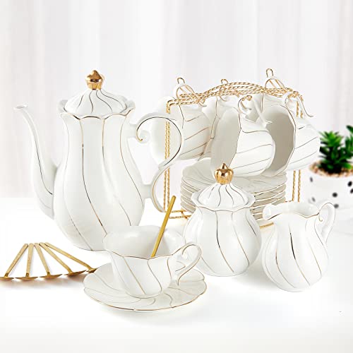 DUJUST 22-teiliges weißes Porzellan-Tee-Set für 6 Personen, luxuriöses Tee-/Kaffeetassen-Set im britischen Stil mit goldenem Rand, Tee-Party-Set, Geschenkpaket (inklusive Ständer) – Weiß von DUJUST