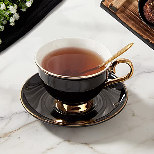 DUJUST 3-teiliges Teetassen- und Untertassen-Set aus Porzellan mit Teelöffel, Schwarz von DUJUST