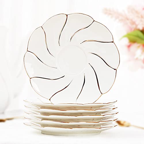 DUJUST 6 weiße Keramik-Untertassen (15 cm), luxuriöse Tee-/Kaffeetassen-Untertassen im britischen Stil mit goldenem Rand, schöne Porzellan-Untertassen für Raumdekoration und Teeparty, Geschenkpaket von DUJUST