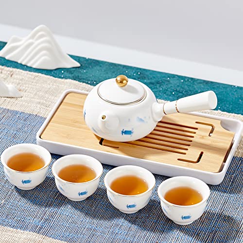 DUJUST Chinesisches Teeservice aus Porzellan, traditionelle & klassische chinesische Landschaft verziert mit goldenem Rand, 4 Teetassen, 1 Tablett) von DUJUST