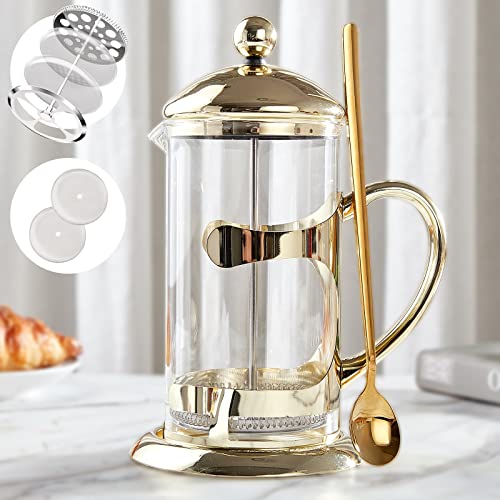 DUJUST French Press Kaffeepressen [1L] mit 304 Edelstahllöffel, Luxuriöses Gold Design Kaffeemaschine, 4-stufigem Filtersystem, Hochwertiges Glas für Hitze & Kältebeständigkeit, Bleifrei & BPA-frei von DUJUST