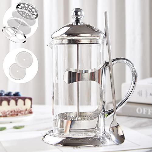 DUJUST French Press Kaffeepressen [1L] mit 304 Edelstahllöffel, Luxuriöses Silberdesign Kaffeemaschine, 4-stufigem Filtersystem, Hochwertiges Glas für Hitze & Kältebeständigkeit, Bleifrei & BPA-frei von DUJUST