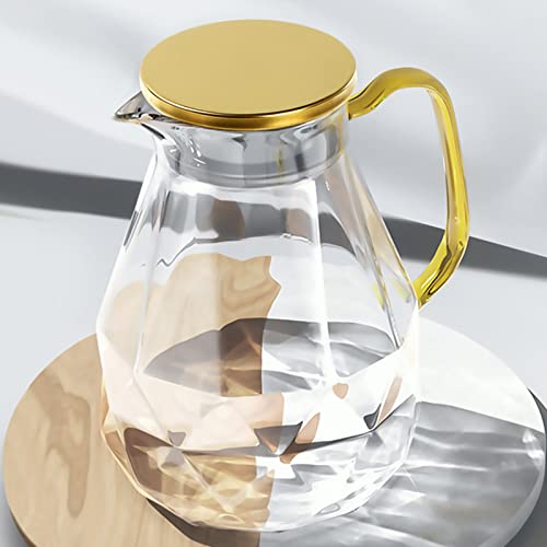 DUJUST Glaskaraffe mit goldenem Deckel 2 Liter, Wasserkaraffe im Modernen Diamant Design, Glaskrug mit Griff für Fruchteinsatz, langlebig Hitzebeständig Wasserkrug für Eistee/Milch/Kaffee von DUJUST