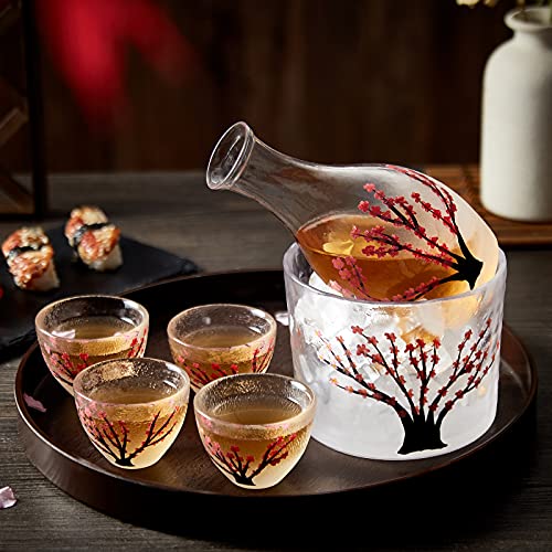 DUJUST Japanisches Sake-Set für 4, Handcrafted Pink Cherry Blossoms Design, 1 Sake-Flasche, 1 Sake-Behälter und 4 Sake-Becher, Sake-Karaffe kalt/warm/heiß, spezielles japanisches Geschenkset – 6 Stück von DUJUST