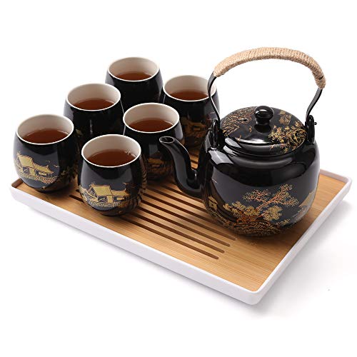 DUJUST Japanisches Teeservice, Schwarzes Porzellan Chinesisches Teeset mit Kanne und Tassen, Schönes Asiatische Teekanne Set für Teeliebhaber (Landschaft in Gold) von DUJUST