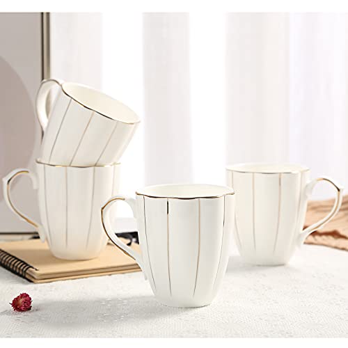 DUJUST Kaffeebecher 4er-Set (400ml), Luxuriöser Britischer Stil mit Handgefertigten Goldenen Verzierungen, Erstklassiges Bone-China-Tassenset in Weiß und Gold für Kaffee & Tee, Wunderschön & Anmutig von DUJUST