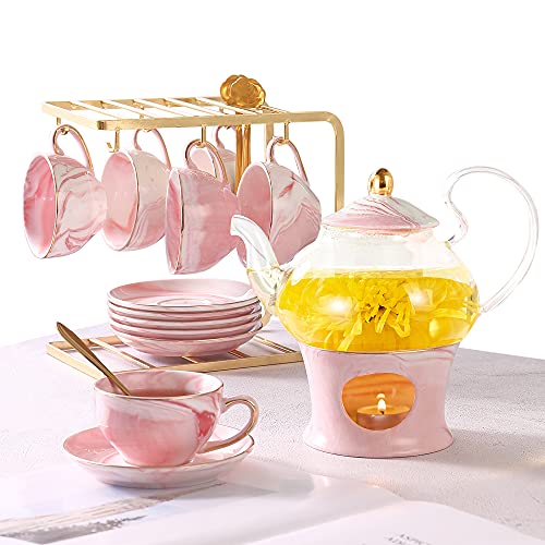 DUJUST Kleiner Tee-Set für Frauen, Marmor-Textur und Goldene Zierleiste, Rosa Porzellan-Tee-Party-Set für Mädchen, 1 Teaarte (650ml), 6 Tassen (120 ml), 6 Untertassen, 1 Regal & 1 Wärmer von DUJUST