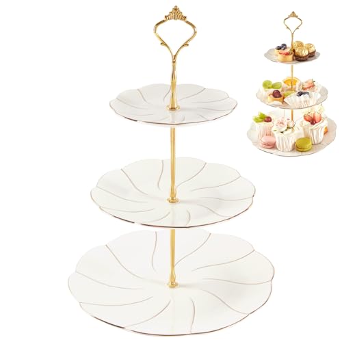 DUJUST Luxuriöser 3-stöckiger Cupcake-Ständer aus Keramik, Serviertablett im britischen Stil mit goldenem Rand, lebensmittelechter weißer Dessertständer, schönes Geschenk für Teepartys und von DUJUST