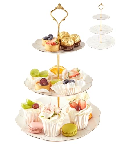 DUJUST Luxuriöses Porzellan-Tortenteller in Dreistöckigem Design, Britischer Servierkuchenteller mit goldenen Borten, Dessert-Ausstellungsständer, Schönes Geschenk für Teeparty und Heimdeko von DUJUST