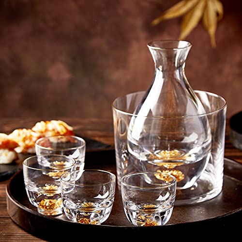 DUJUST Sake-Set für 4 Personen, Sake-Glas aus Kristall, Verziert mit 24-karätigen Blattgoldflocken, 1 Sake-Flasche, 1 Sake-Tank und 4 Sake-Becher, schönes & luxuriöses Japanisches Geschenkset – 6pcs von DUJUST