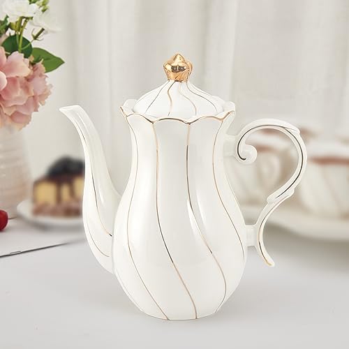DUJUST Porzellan-Teekanne im britischen Stil (1,2 l), luxuriöse Keramik-Teekanne mit goldenem Rand, lebensmittelechte Teekanne mit integriertem Filter, schöne Teekanne für Teeparty und Heimdekoration, von DUJUST