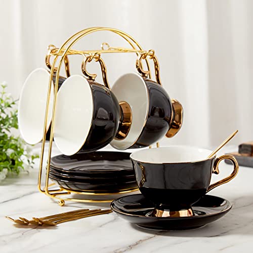 DUJUST Teetassen und Untertassen Set von 4 (220 ml), Luxus-Teetasse Set mit goldenen Trimm, Reliefdruck Kaffeetassen mit Metallständer, britischer Königlicher Porzellan-Tee-Party-Set - Schwarz von DUJUST