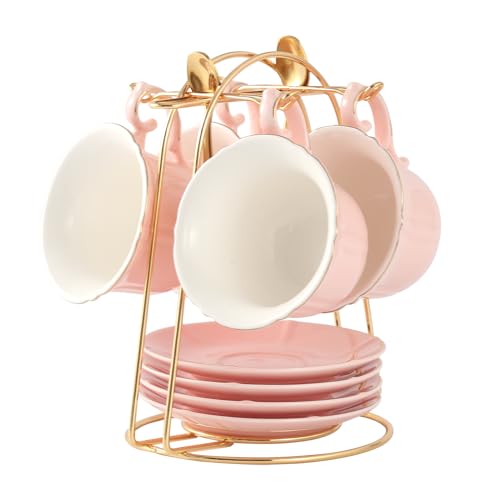 DUJUST Teetassen und Untertassen Set von 4 (235 ml), Süßigkeitsfarbe mit goldenen Trimm, Blütenblattkante Kaffeetassen mit Metallstand, einfacher Stil Porzellan-Tee-Party-Set - Rosa von DUJUST