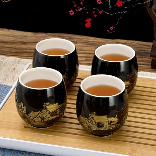 DUJUST Traditionelle japanische Teetassen Satz von 4, schwarzes Porzellan chinesische Teetassen, schöne asiatische Teetasse Geschenk für Erwachsene, Tee-Liebhaber/Frauen/Männer (Landleben in Gold) von DUJUST