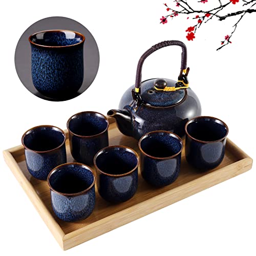 DUJUST japanische Teekanne Porzellan Set, einzigartiges chinesisches Teeservice Set mit 1 Teekanne Keramik, 6 Teetassen und 1 Teetablett, dunkelblau von DUJUST