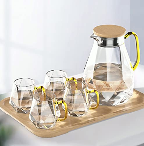 DUJUST Glaskaraffe mit Deckel 2 Liter, mit 4 Tassen, 1 Tablett, Wasserkaraffe im Modernen Diamant Design, Dekoration für das Wohnzimmer, Wasserkrug Hitzebeständig Glaskrug für Eistee/Milch/Kaffee von DUJUST