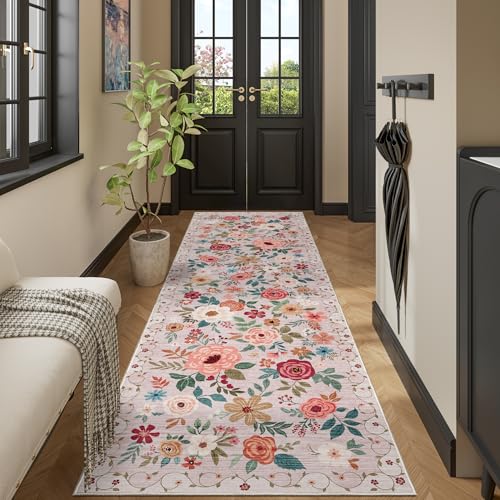 DUKINO Läufer für Flur, waschbar, mit rutschfester Unterseite, niedriger Flor, weicher Boho-Teppich für Küche, Flur, Eingangsbereich, Waschküche, Schlafzimmer, Beige von DUKINO