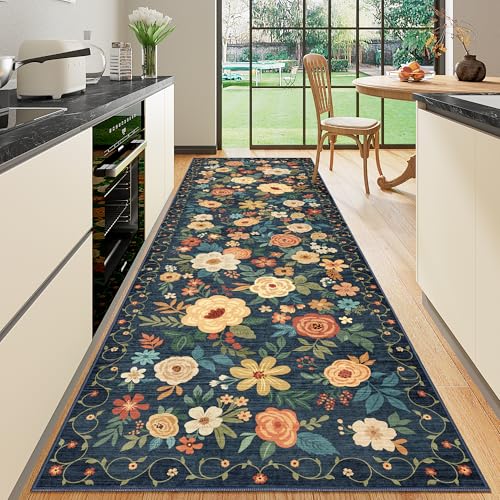DUKINO Läufer für Flur, waschbar, mit rutschfester Unterseite, niedriger Flor, weicher Boho-Teppich für Küche, Flur, Eingangsbereich, Waschküche, Schlafzimmer, Marineblau von DUKINO
