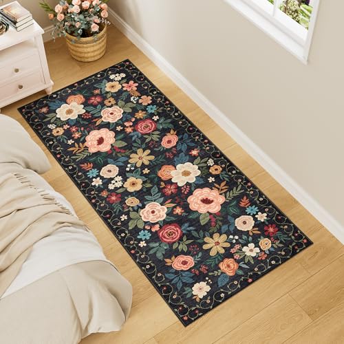 DUKINO Läufer für Flur, waschbar, mit rutschfester Unterseite, niedriger Flor, weicher Boho-Teppich für Küche, Flur, Eingangsbereich, Waschküche, Schlafzimmer, Schwarz, 5 x 5 cm von DUKINO