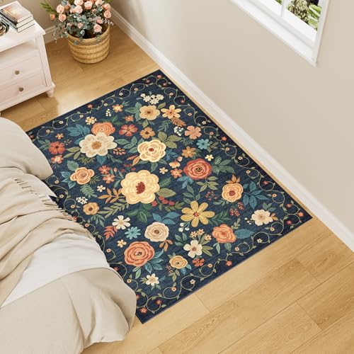 DUKINO Teppich, 7,6 x 10,2 cm, leicht, rutschfest, waschbar, Blumenmuster, für den Innenbereich, niedriger Flor, fusselfrei, Boho-Design, Teppiche für Schlafzimmer, Küche, Esszimmer, Marineblau DUKINO Teppich, 7,6 x 10,2 cm, leicht, rutschfest, waschbar, Blumenmuster, für den Innenbereich, niedriger Flor, fusselfrei, Boho-Design, Teppiche für Schlafzimmer, Küche, Esszimmer, Marineblau von DUKINO