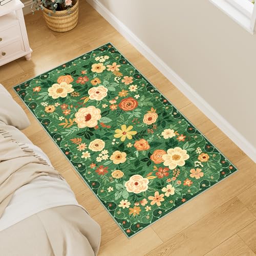 DUKINO Teppich für Eingangsbereich, waschbar, Blumenmuster, mit rutschfester Unterseite, niedriger Flor, weicher Boho-Teppich für Küche, Flur, Eingangsbereich, Waschküche, Schlafzimmer, Dunkelgrün DUKINO Teppich für Eingangsbereich, waschbar, Blumenmuster, mit rutschfester Unterseite, niedriger Flor, weicher Boho-Teppich für Küche, Flur, Eingangsbereich, Waschküche, Schlafzimmer, Dunkelgrün von DUKINO