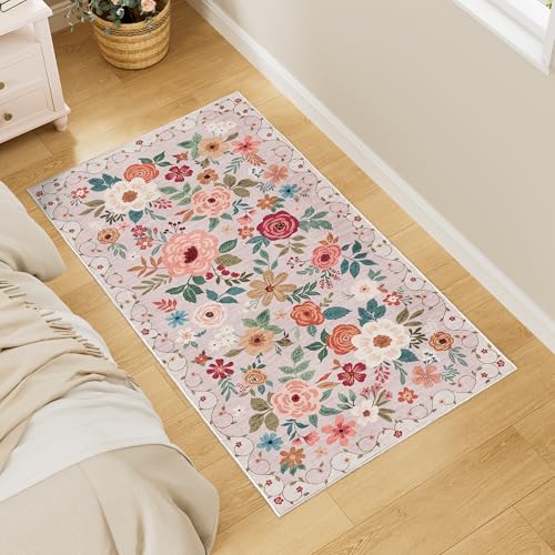 DUKINO Teppich für Eingangsbereich, waschbar, Blumenmuster, mit rutschfester Unterseite, niedriger Flor, weicher Boho-Teppich für Küche, Flur, Eingangsbereich, Waschküche, Schlafzimmer, Beige von DUKINO