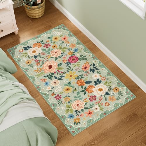 DUKINO Teppich für Eingangsbereich, waschbar, Blumenmuster, mit rutschfester Unterseite, niedriger Flor, weicher Boho-Teppich für Küche, Flur, Eingangsbereich, Waschküche, Schlafzimmer, Grün DUKINO Teppich für Eingangsbereich, waschbar, Blumenmuster, mit rutschfester Unterseite, niedriger Flor, weicher Boho-Teppich für Küche, Flur, Eingangsbereich, Waschküche, Schlafzimmer, Grün von DUKINO
