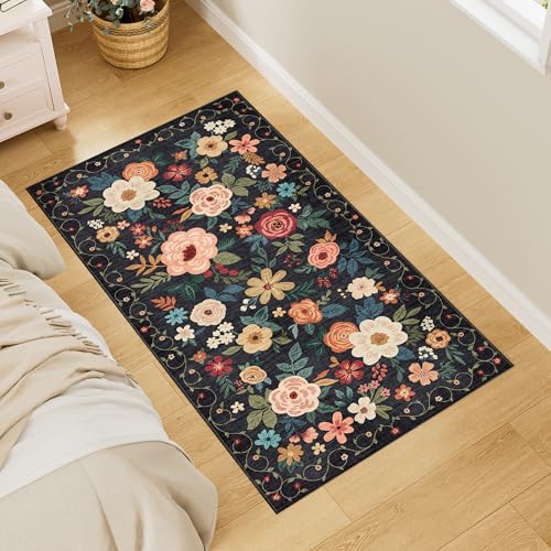 DUKINO Teppich für Eingangsbereich, waschbar, Blumenmuster, mit rutschfester Unterseite, niedriger Flor, weicher Boho-Teppich für Küche, Flur, Eingangsbereich, Waschküche, Schlafzimmer, Schwarz von DUKINO