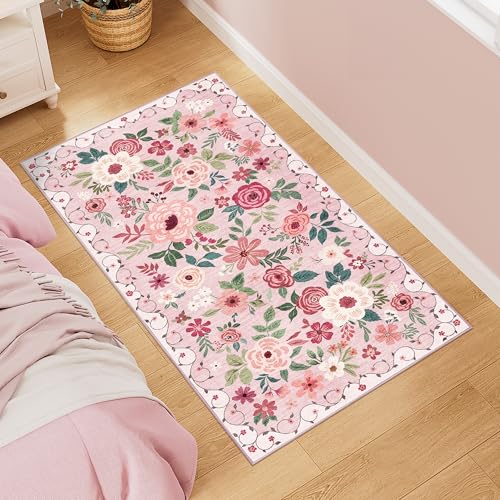 DUKINO Teppichläufer für Flur, waschbar, mit rutschfester Unterseite, niedriger Flor, weicher Boho-Teppich für Küche, Flur, Eingangsbereich, Waschküche, Schlafzimmer, Rosa von DUKINO