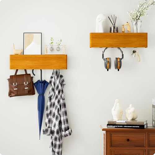 DUKZURA Wandgarderobe mit Ablage - Kleiderhaken mit Regal 2 Stück Garderobe mit 4 Verdeckten Haken - Platzsparendes Garderobenpaneil mit Schlüsselbrett Für Flur, Schlafzimmer, Wohnzimmer, Eiche von DUKZURA
