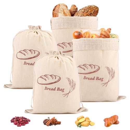 Leinen Brotbeutel 4er Set, Brottasche mit Kordelzug, Idealer Brotbeutel Leinen Aufbewahrung Frischhalten, Beutel für Brot, Baguette, selbstgemachtes Brot, Obst- und Gemüsebeutel von DULEIAU RAVFD